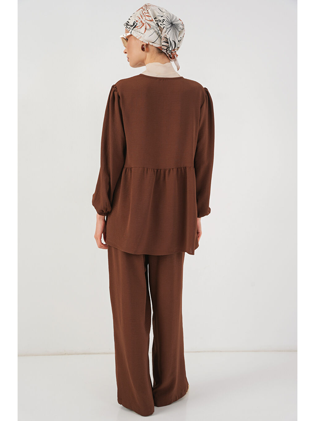 Kadın Önü Bağcıklı Tunik Pantolon İkili Takım 6744 - Kahverengi-5