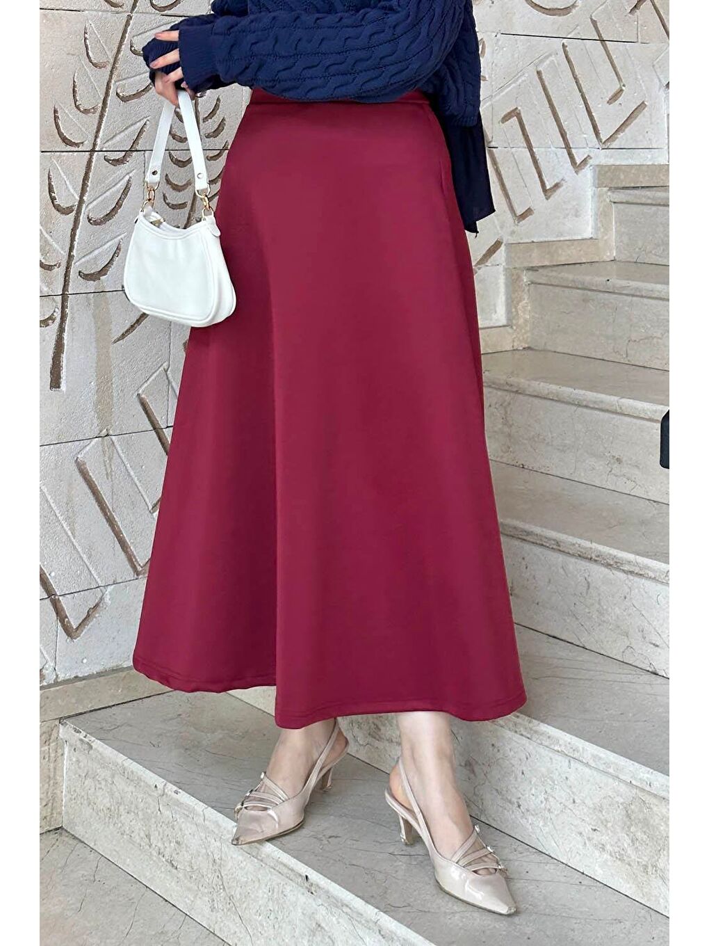 Scuba Kumaş Kloş Etek Bordo-2