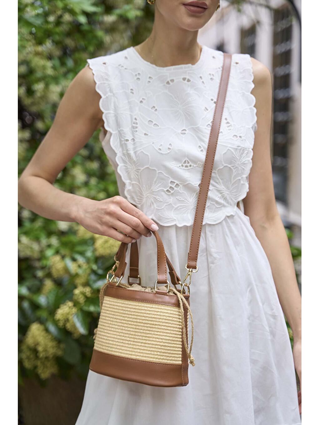 Kahverengi Taba Hasır Kova Çanta – Bohem Tarzı Örgü Kadın El & Omuz Çantası [Yazlık – Günlük]-4