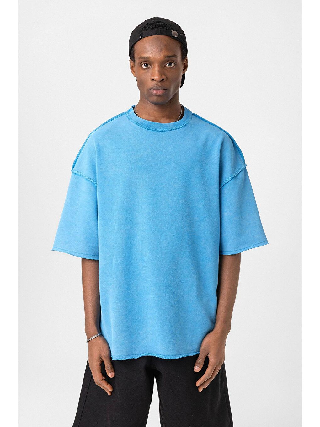 Yıkamalı Oversize Tişört Mavi-2