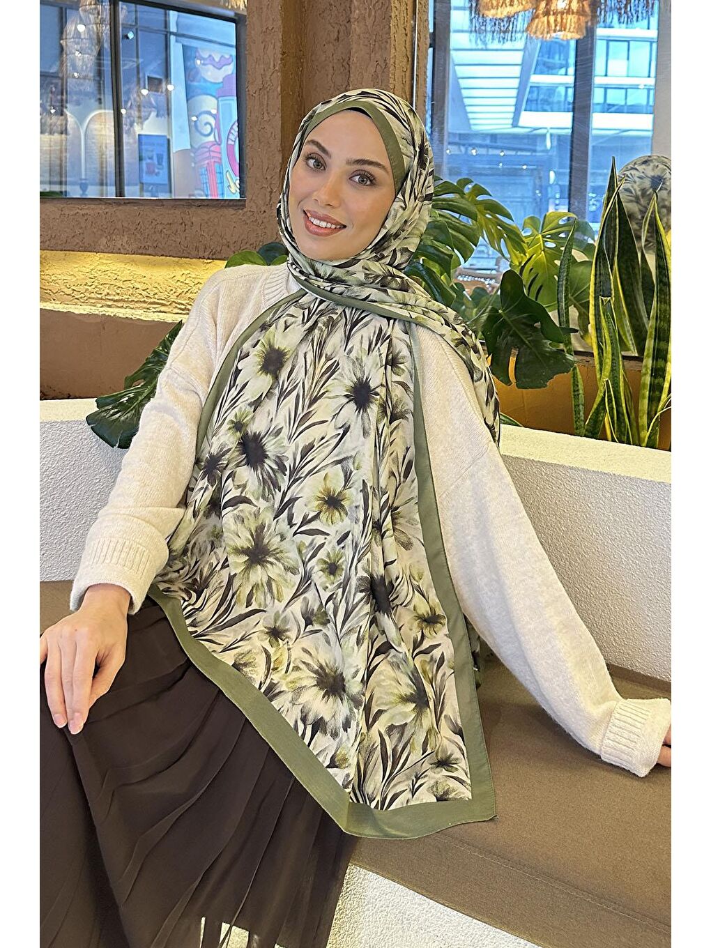 Yeşil Daisy Flowers Desen Soft Pamuk Şal Ada Çayı