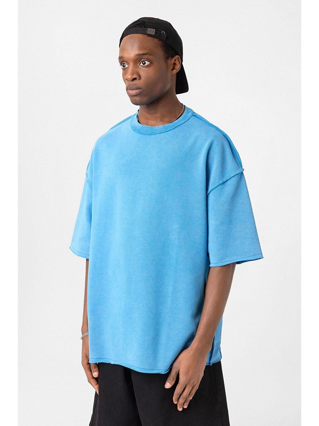 Yıkamalı Oversize Tişört Mavi-3