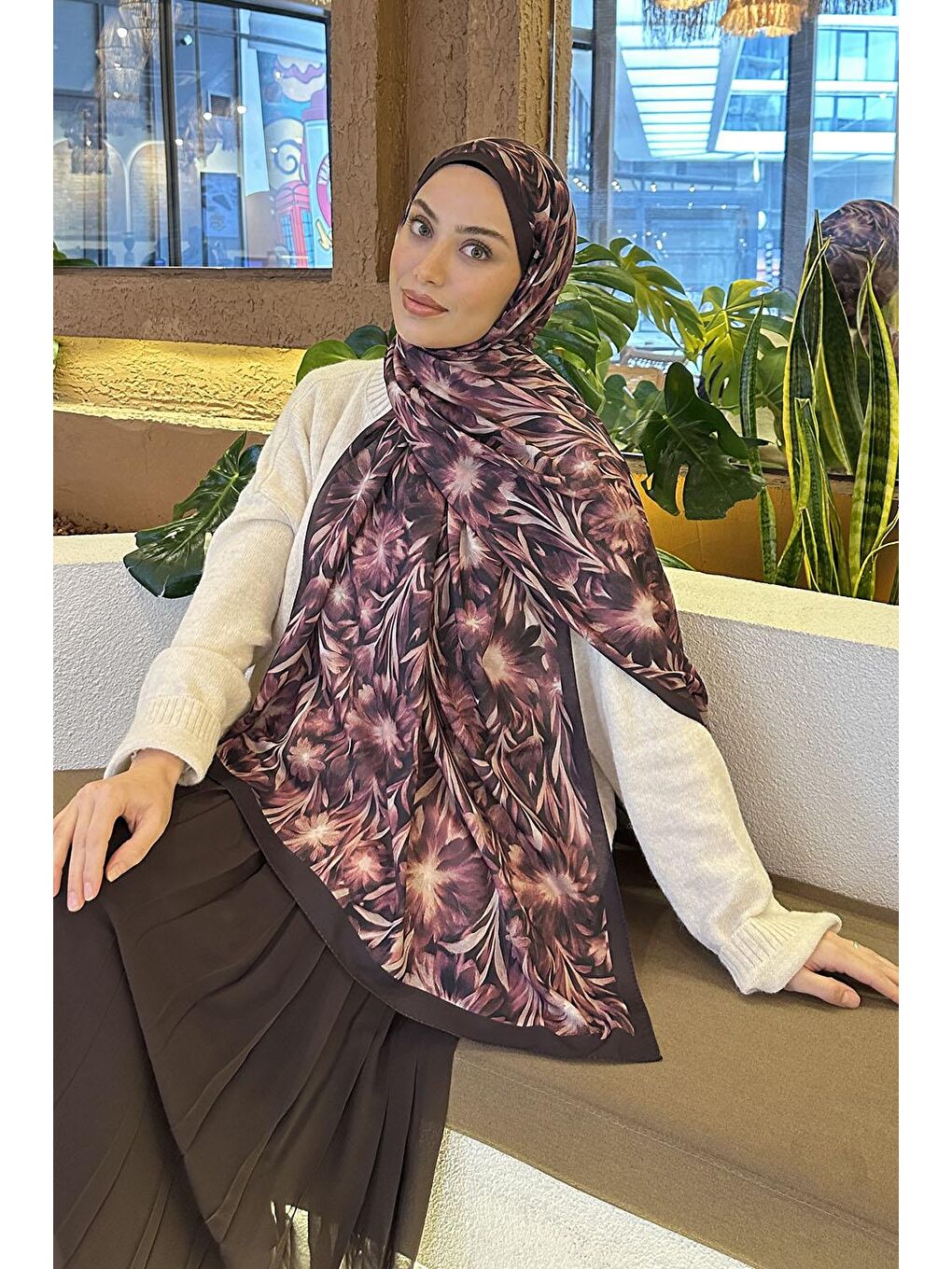 Daisy Flowers Desen Soft Pamuk Şal Mürdüm