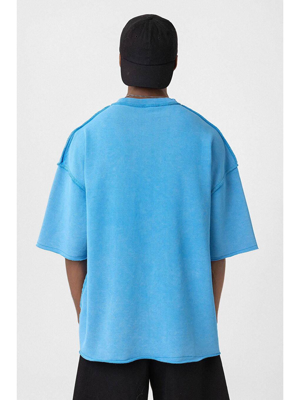 Yıkamalı Oversize Tişört Mavi-4