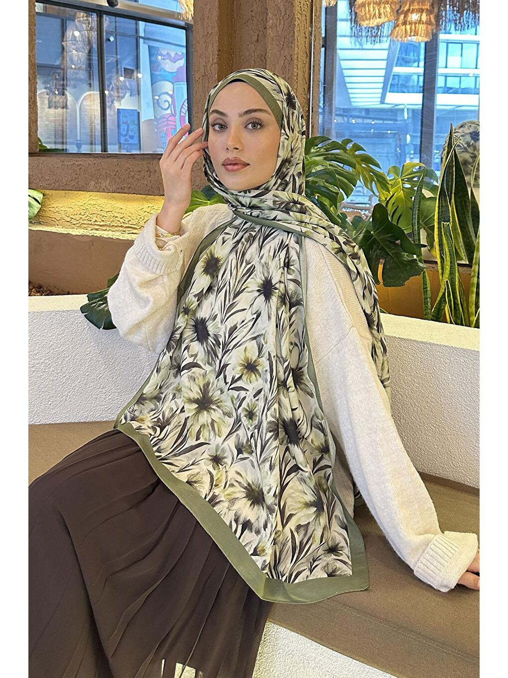 Yeşil Daisy Flowers Desen Soft Pamuk Şal Ada Çayı-1