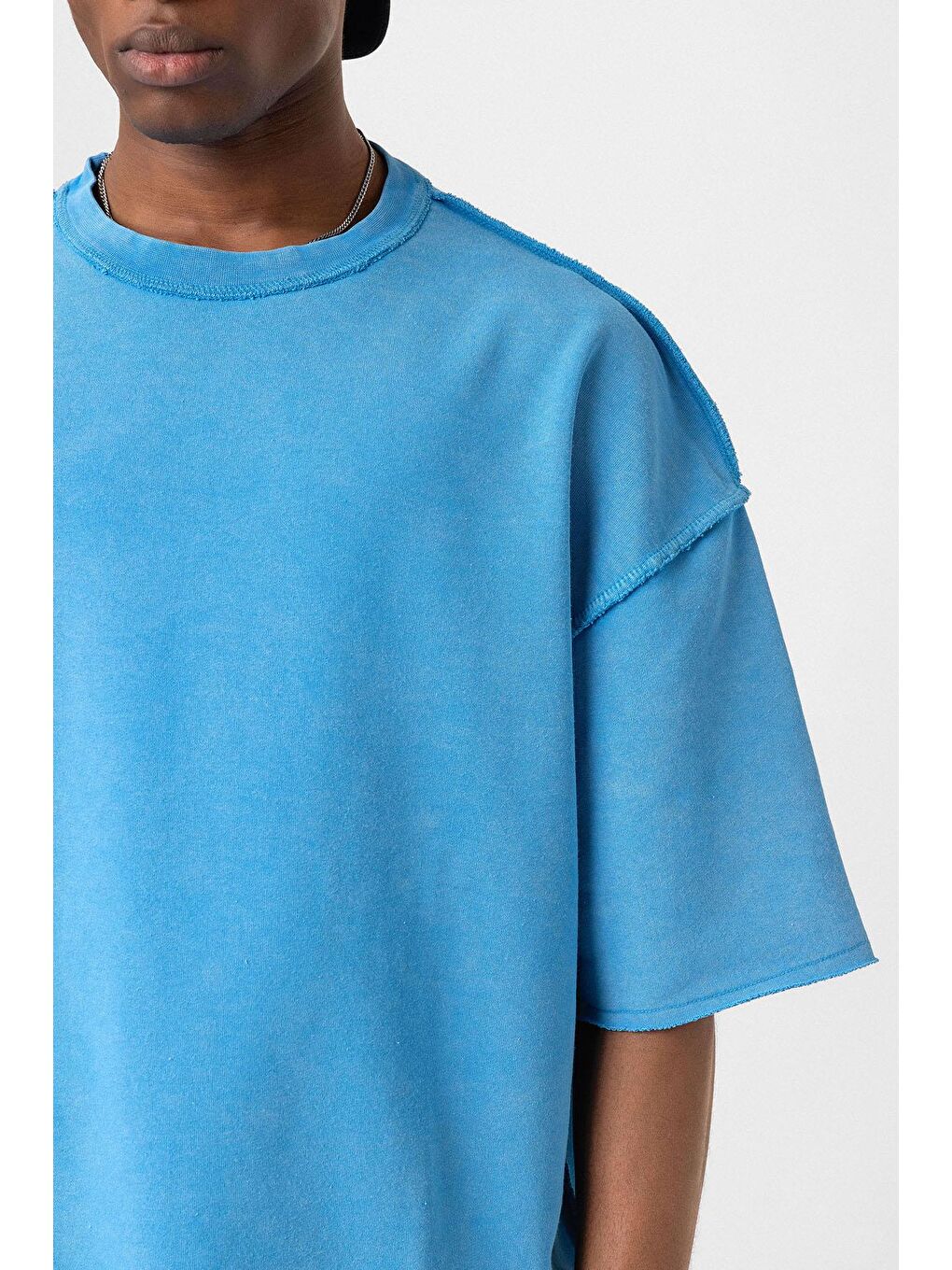 Yıkamalı Oversize Tişört Mavi-5