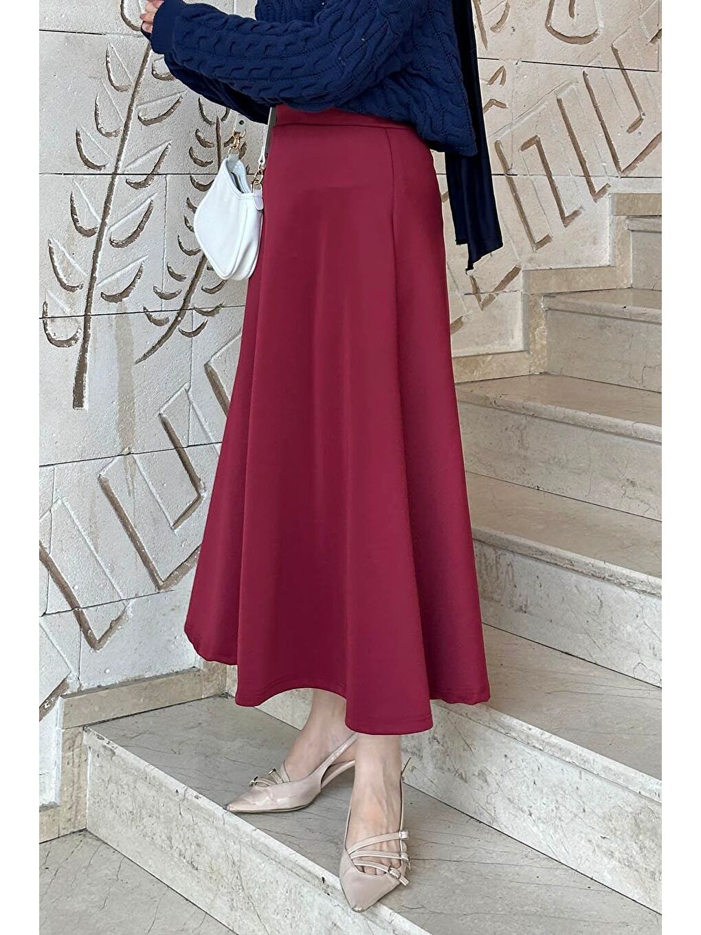 Scuba Kumaş Kloş Etek Bordo-3