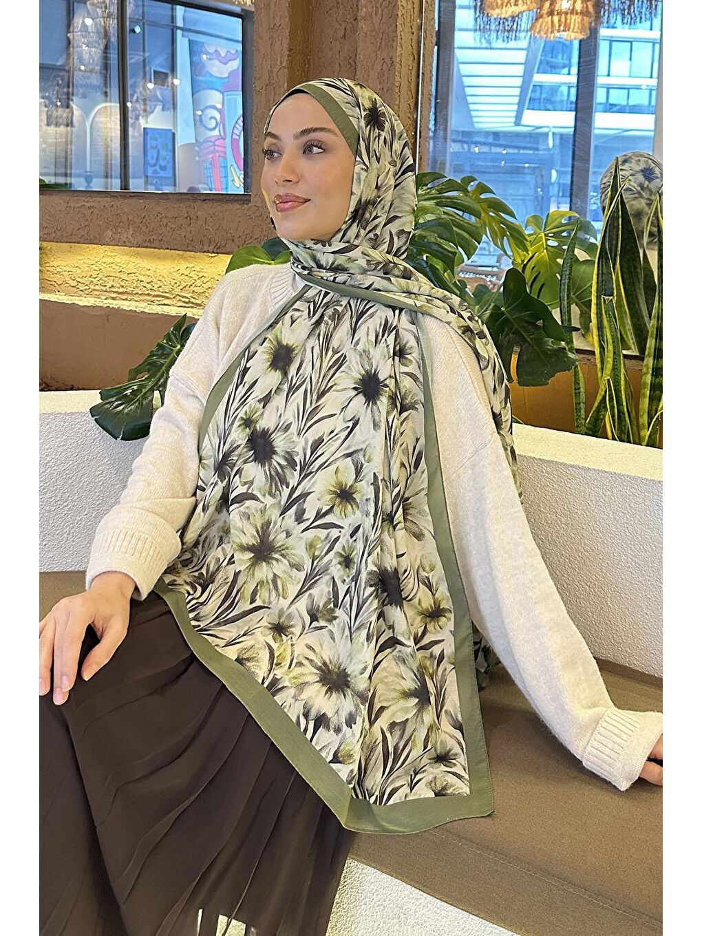 Yeşil Daisy Flowers Desen Soft Pamuk Şal Ada Çayı-2