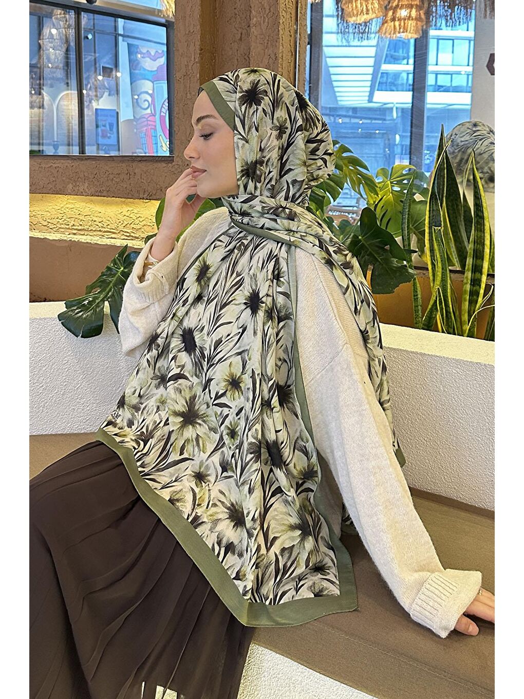 Yeşil Daisy Flowers Desen Soft Pamuk Şal Ada Çayı-3