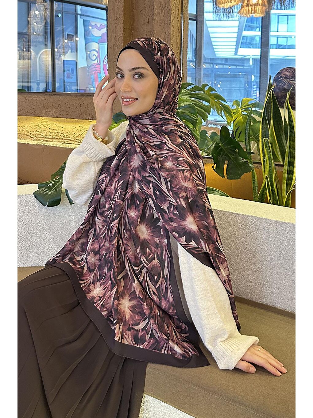 Daisy Flowers Desen Soft Pamuk Şal Mürdüm-1