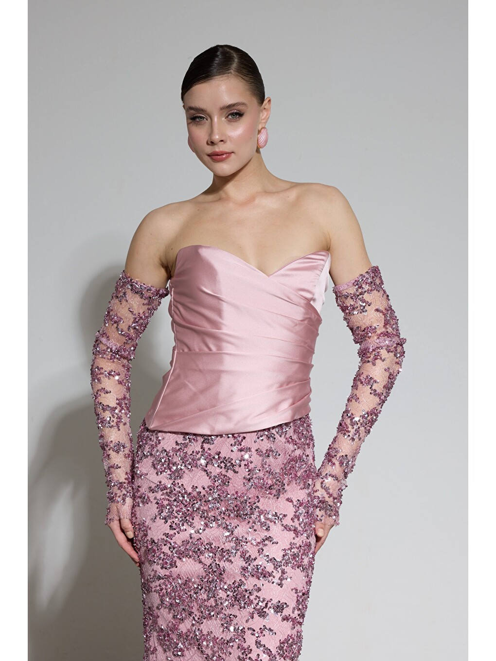 Pembe Pudra Straplez Eldivenli Payetli Abiye Elbise-2