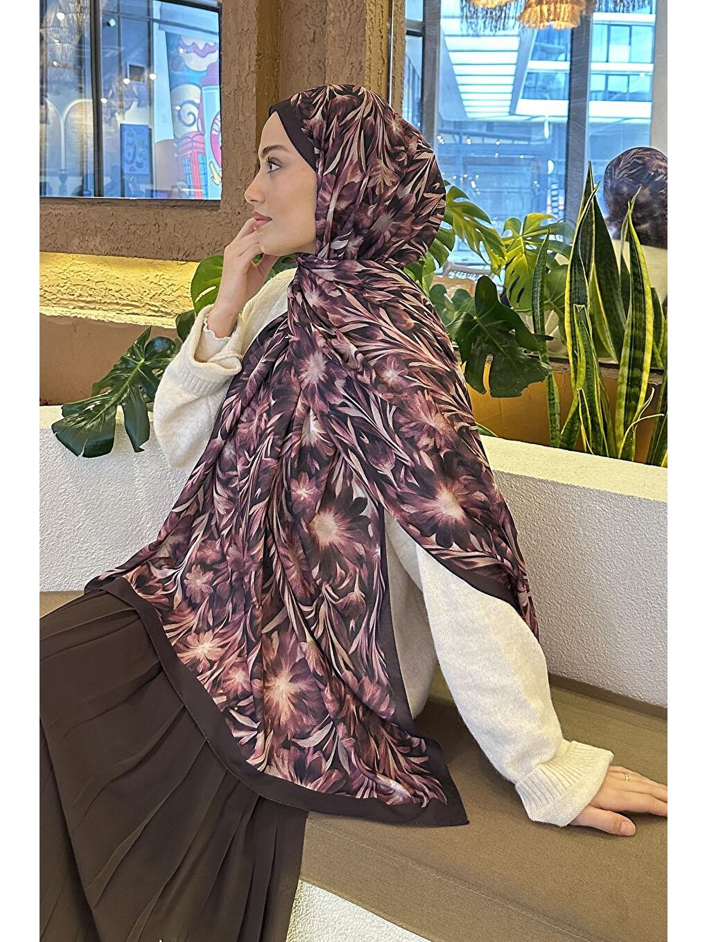 Daisy Flowers Desen Soft Pamuk Şal Mürdüm-2