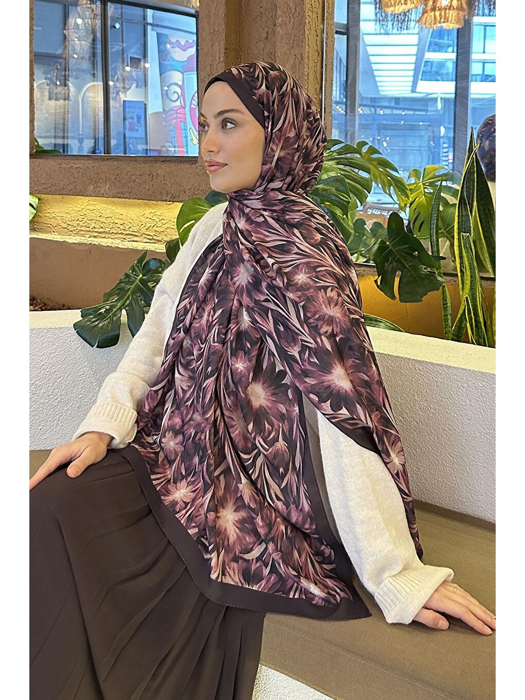 Daisy Flowers Desen Soft Pamuk Şal Mürdüm-3