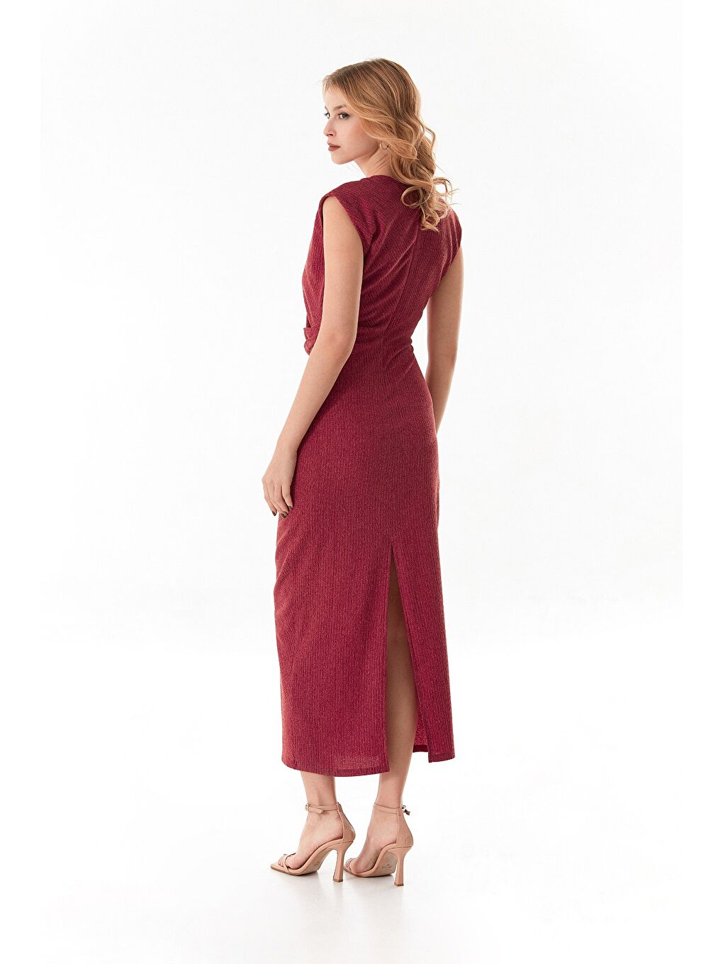 Bordo Bürümcük Kumaş Yanı Drapeli Yırtmaçlı Elbise-3