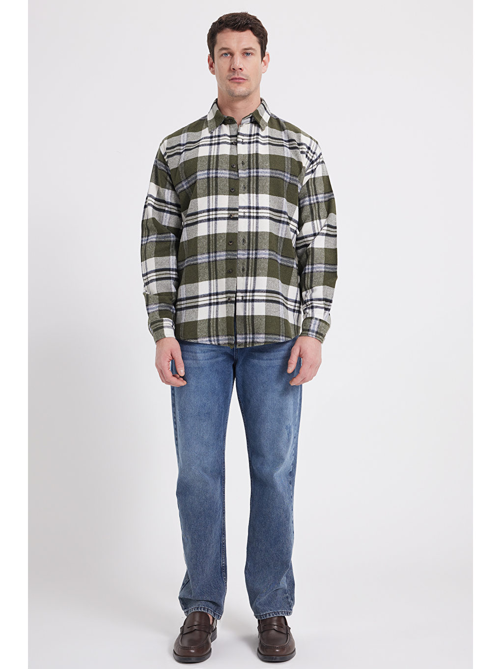 Haki Erkek Relax Fit Rahat Kesim Kışlık Kareli Oduncu Gömlek-1