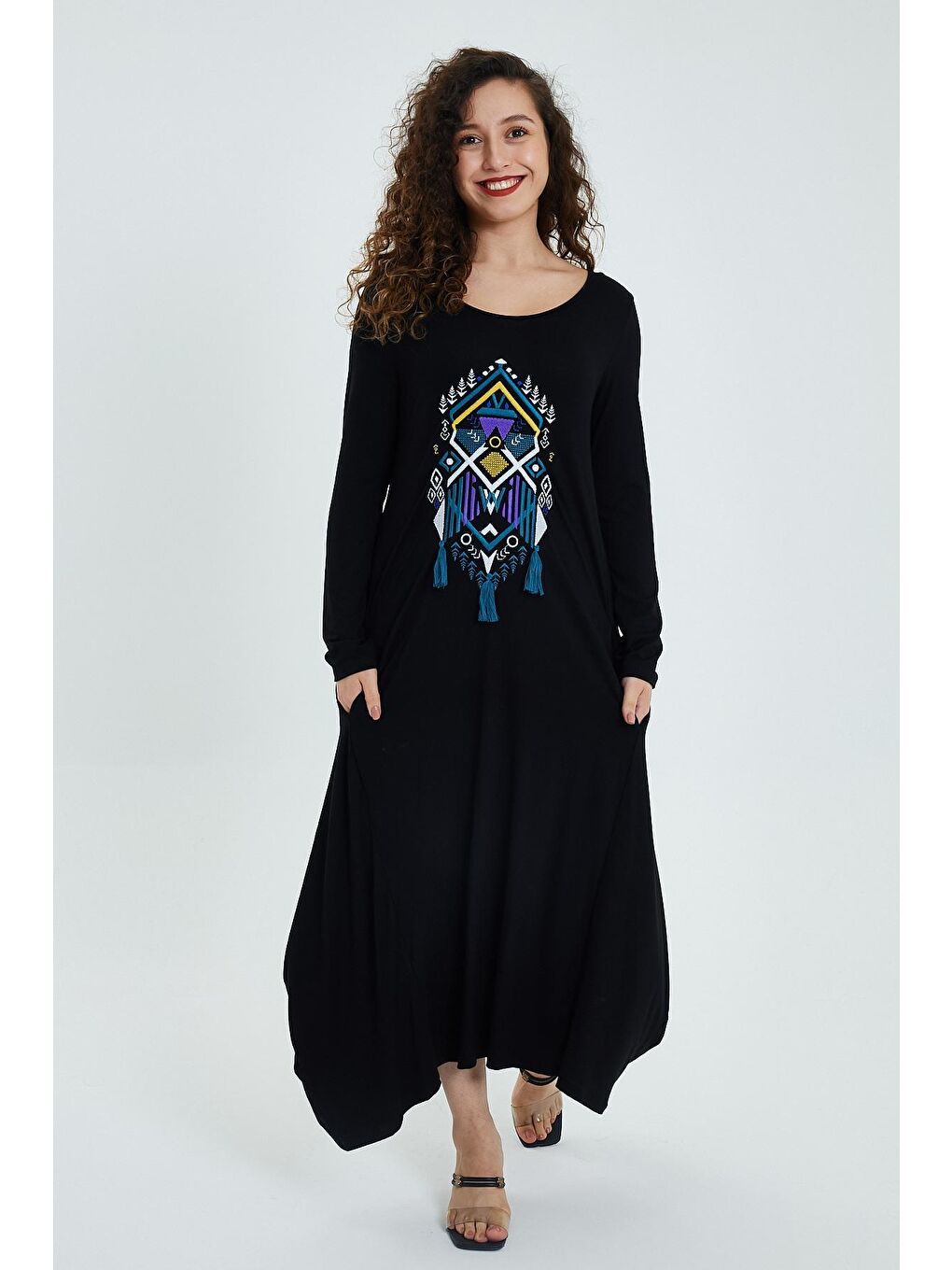 Siyah Kadın Desenli Rahat Kalıp Elbise