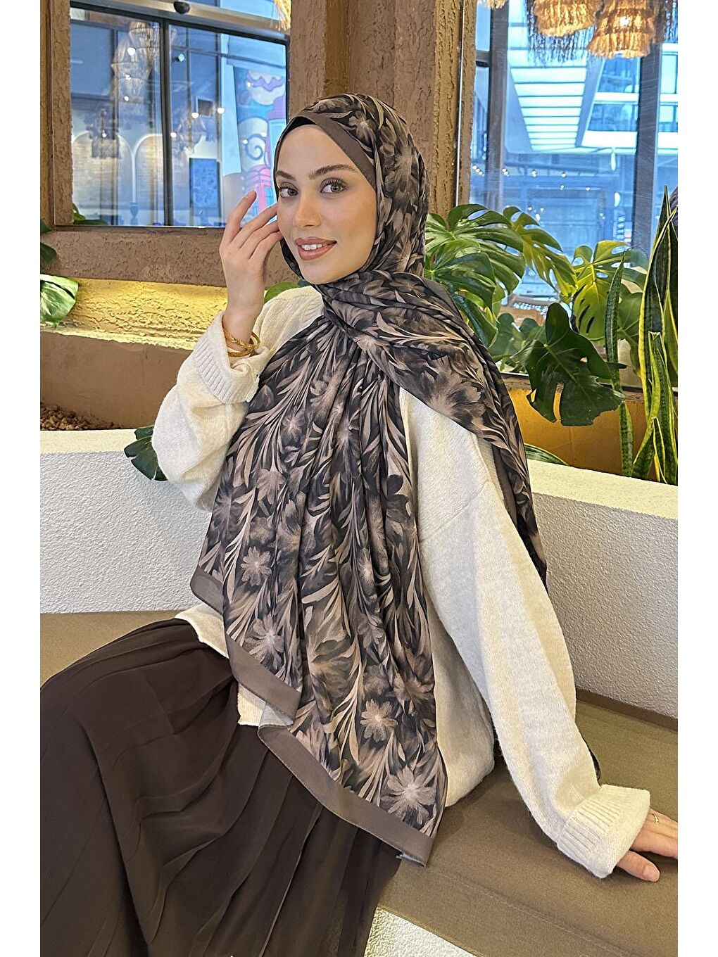 Kahverengi Daisy Flowers Desen Soft Pamuk Şal Soft Kahve-1