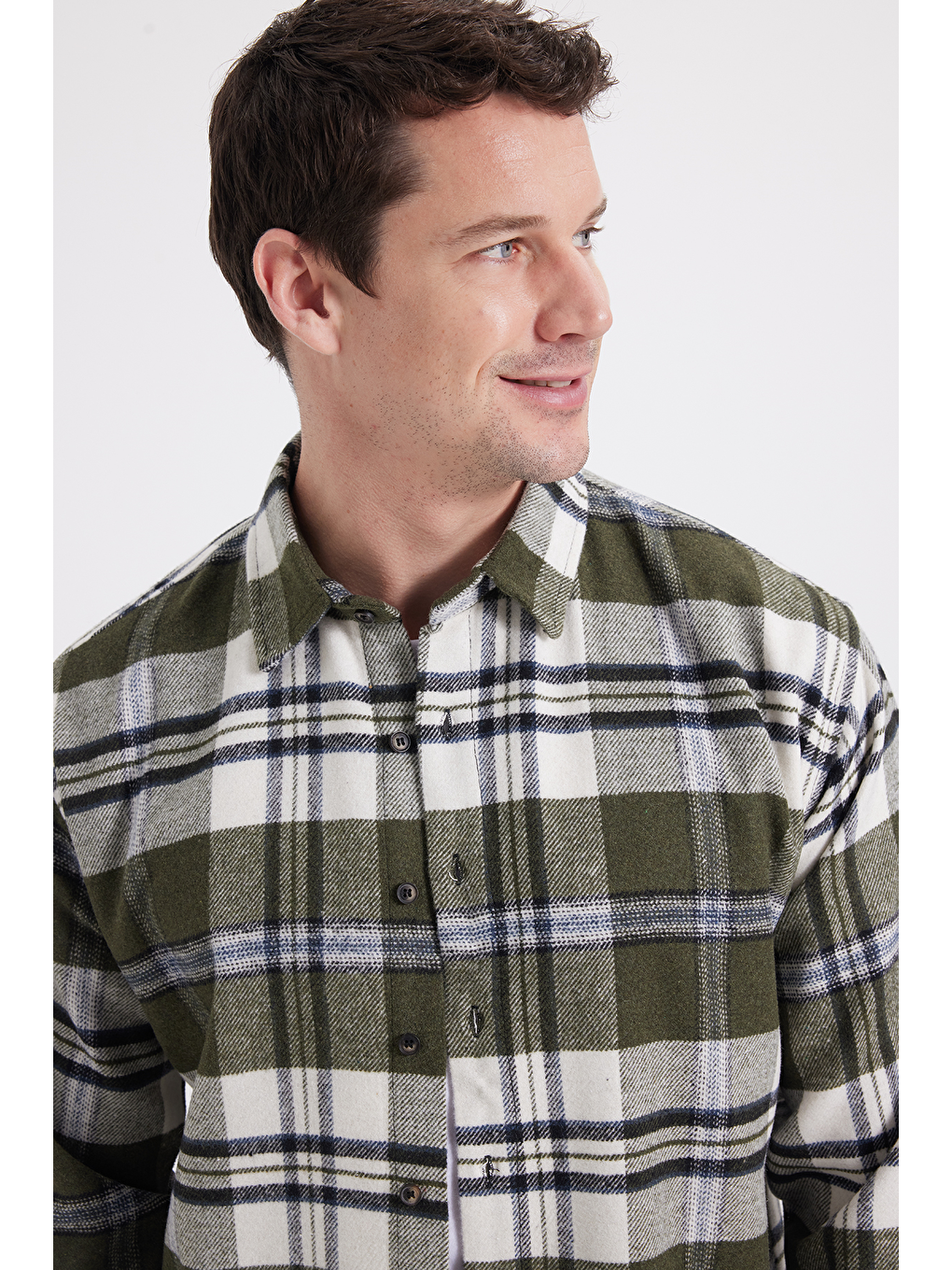 Haki Erkek Relax Fit Rahat Kesim Kışlık Kareli Oduncu Gömlek-2
