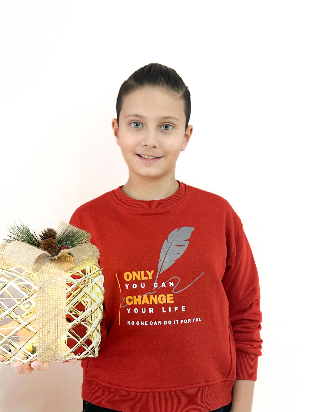 Kahverengi Unisex Bisiklet Yaka Baskılı Sweatshirt-1