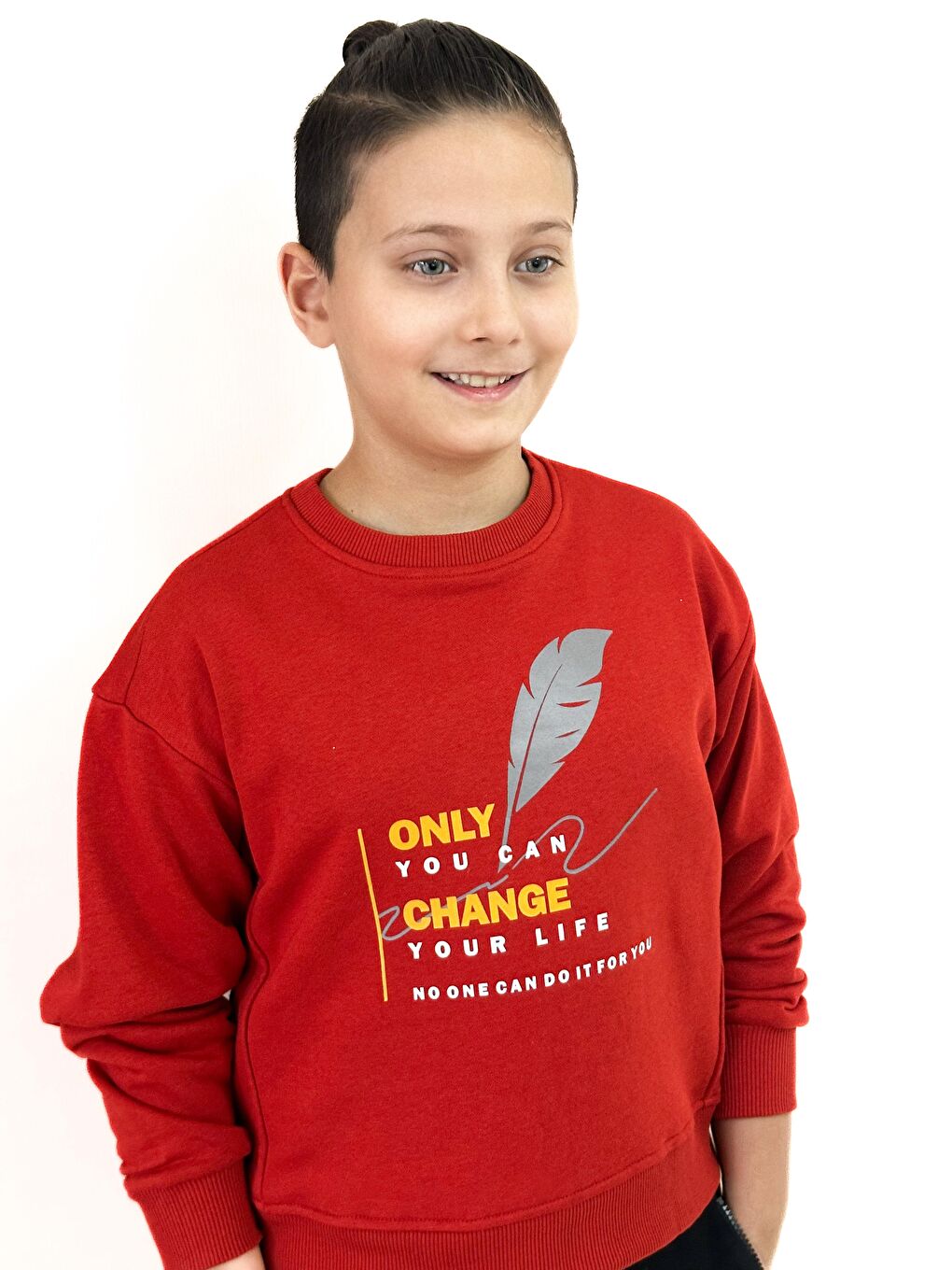 Kahverengi Unisex Bisiklet Yaka Baskılı Sweatshirt-2