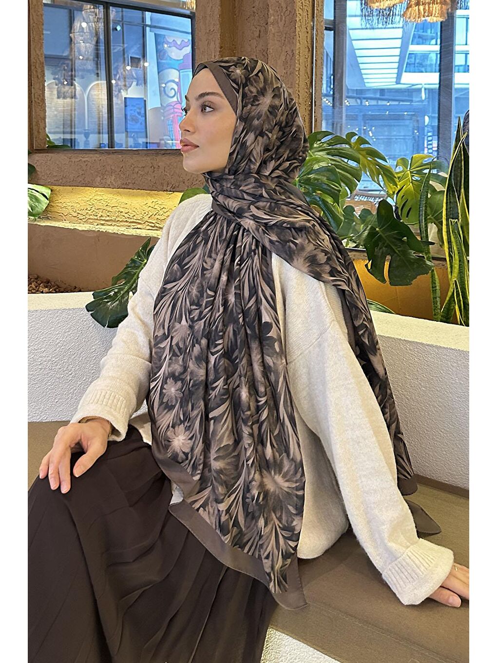 Kahverengi Daisy Flowers Desen Soft Pamuk Şal Soft Kahve-2