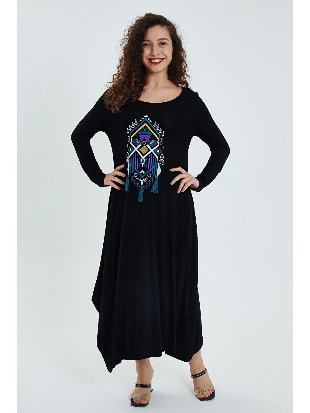 Siyah Kadın Desenli Rahat Kalıp Elbise-2