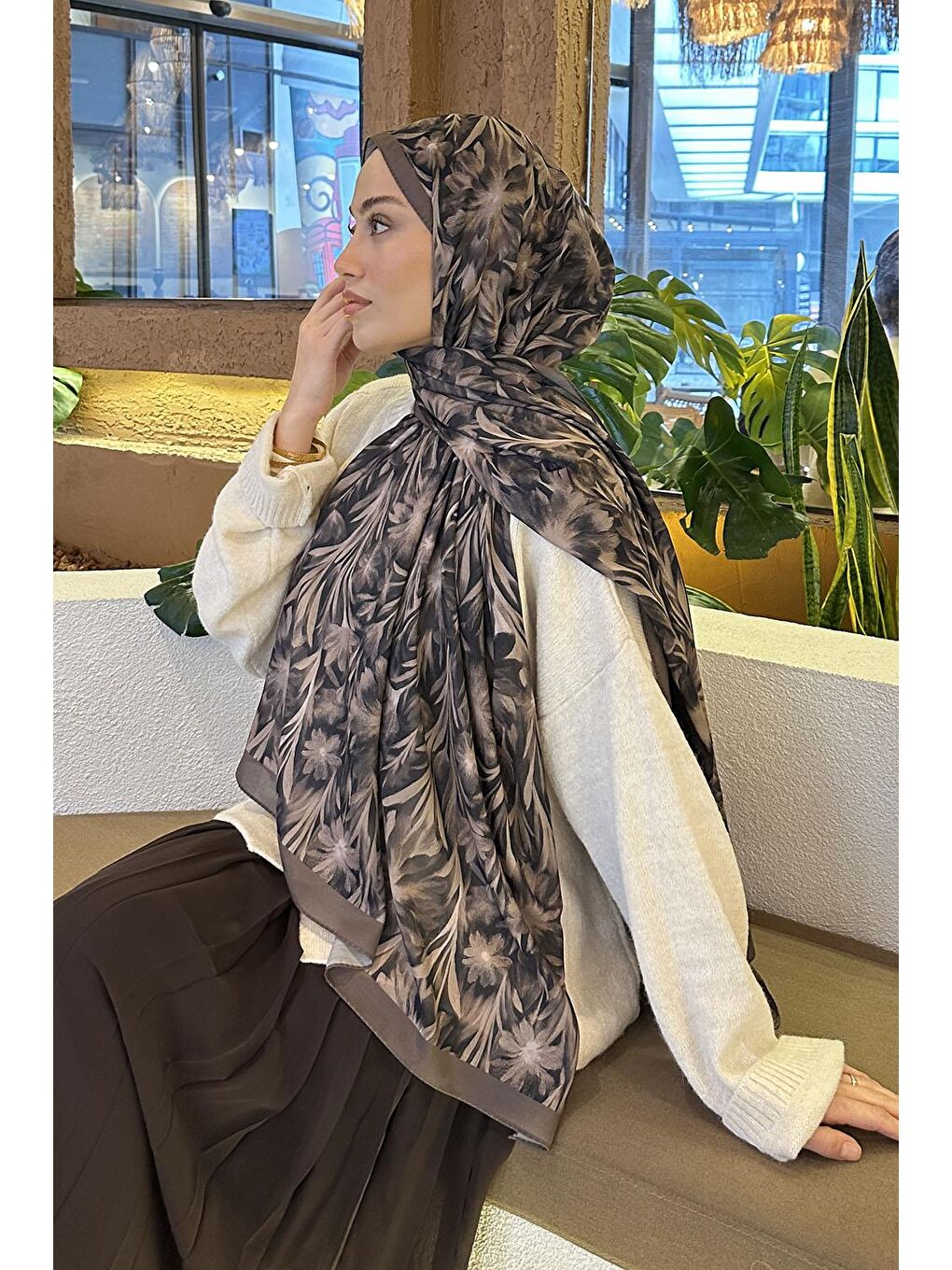 Kahverengi Daisy Flowers Desen Soft Pamuk Şal Soft Kahve-3