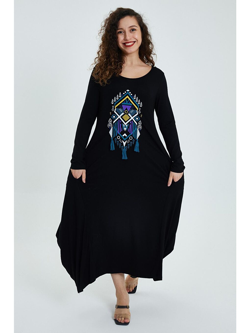 Siyah Kadın Desenli Rahat Kalıp Elbise-3