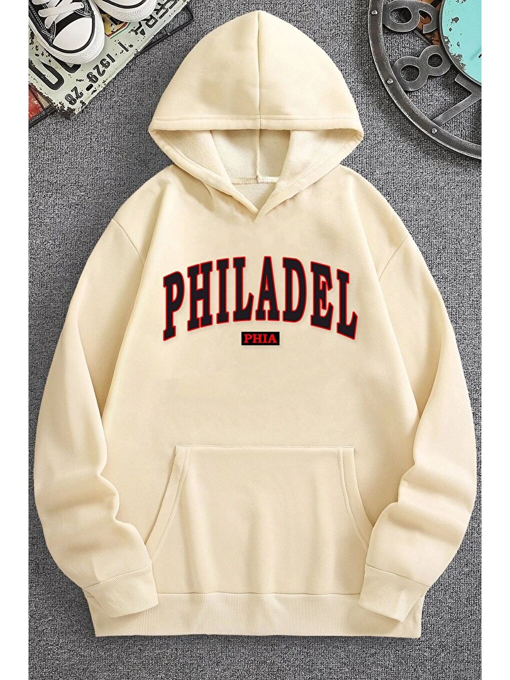 uyguntarz Bej Unisex Philadelphia Baskılı Sweatshirt