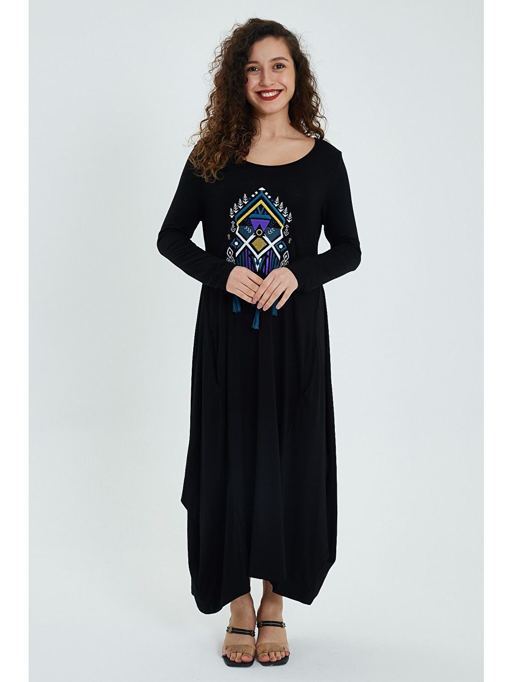 Siyah Kadın Desenli Rahat Kalıp Elbise-4