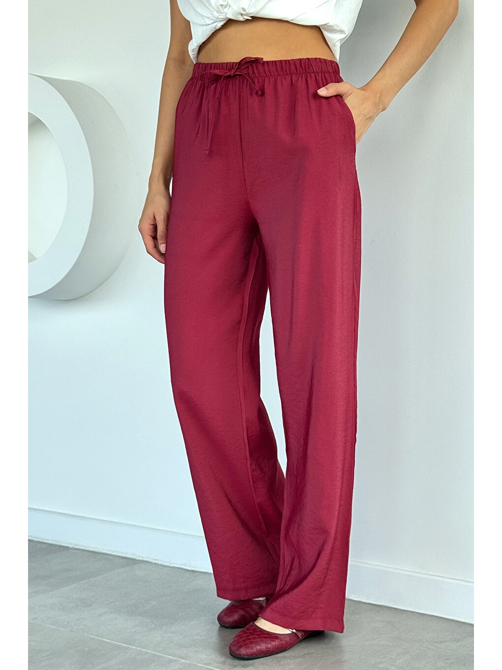 Bordo Kadın Bel Lastikli Lyocell Kumaş Pantolon