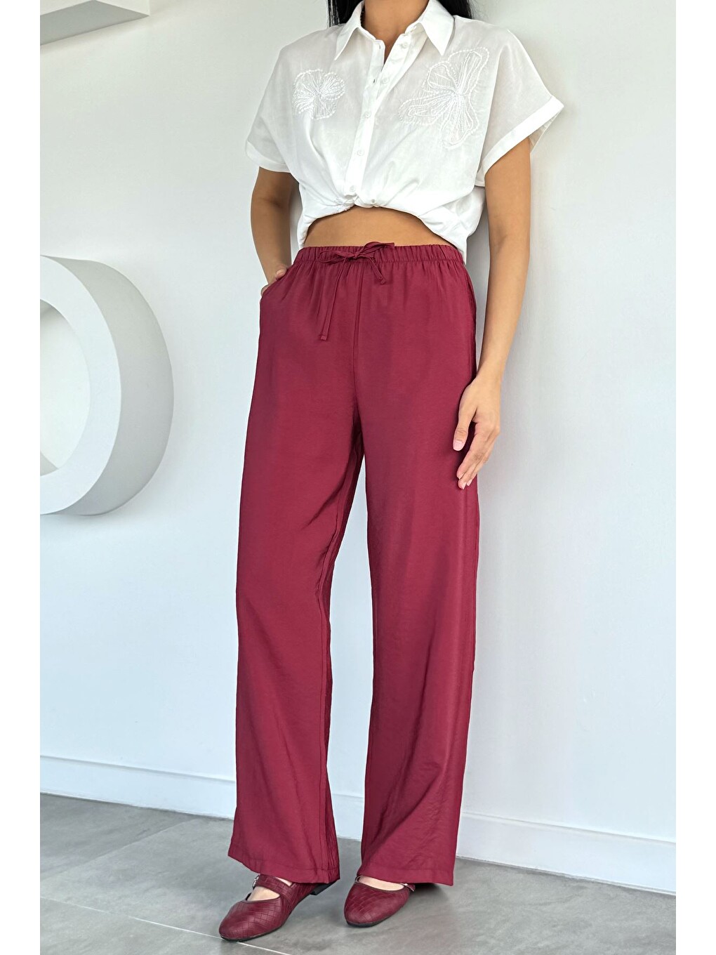 Bordo Kadın Bel Lastikli Lyocell Kumaş Pantolon-1