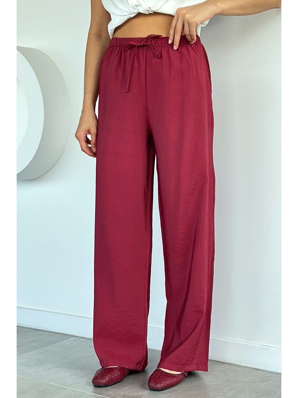 Bordo Kadın Bel Lastikli Lyocell Kumaş Pantolon-2