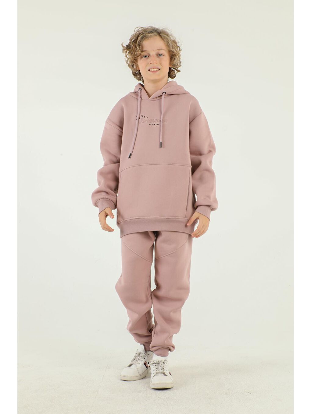 Pembe Kapüşonlu Baskı Detaylı Kargo Cepli Erkek Çocuk Eşofman Takımı