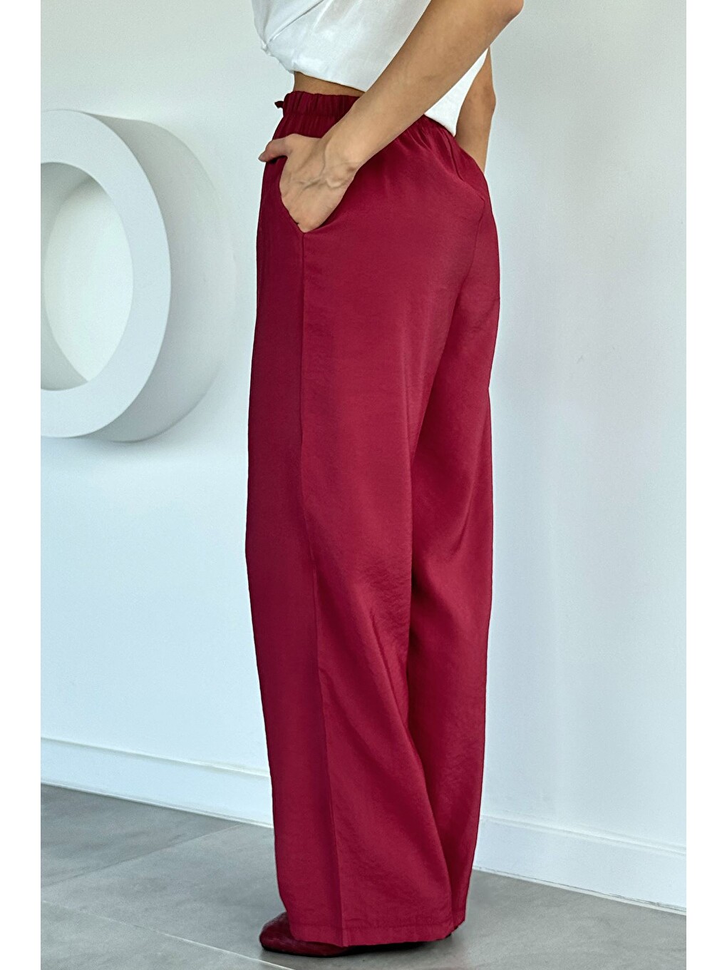 Bordo Kadın Bel Lastikli Lyocell Kumaş Pantolon-3