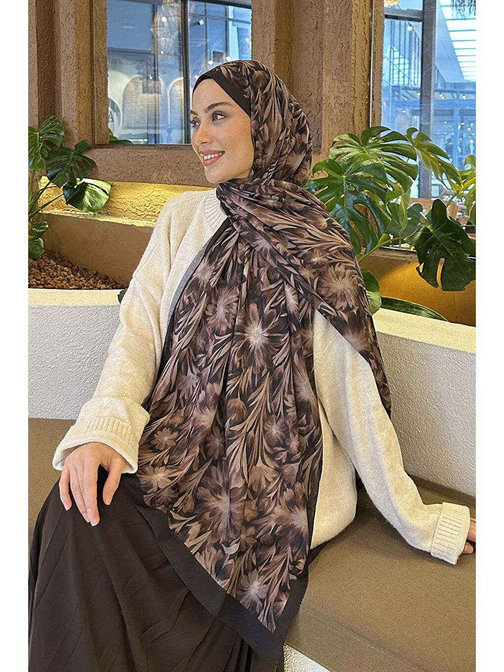 Kahverengi Daisy Flowers Desen Soft Pamuk Şal Sütlü Kahve-2