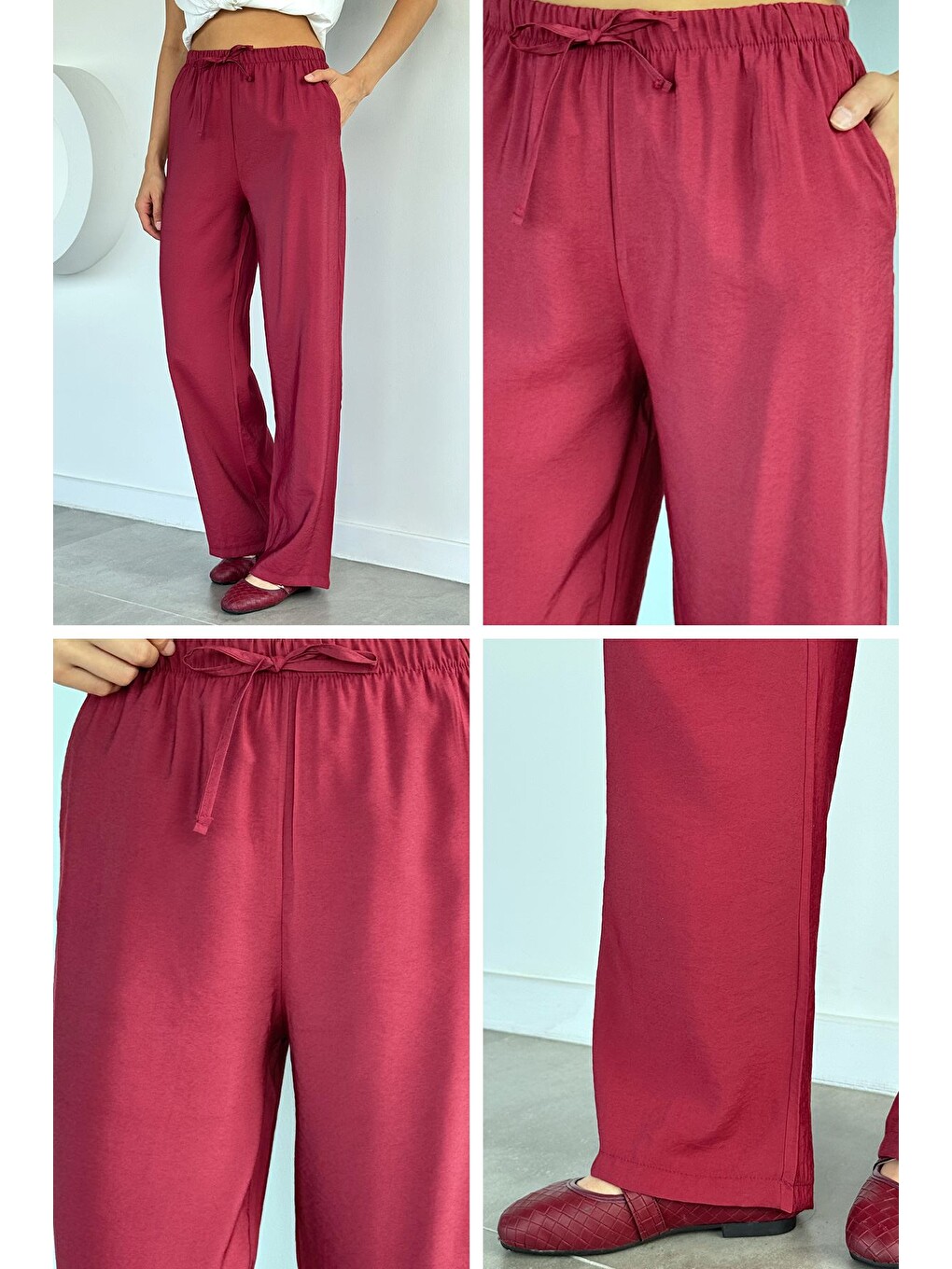Bordo Kadın Bel Lastikli Lyocell Kumaş Pantolon-4