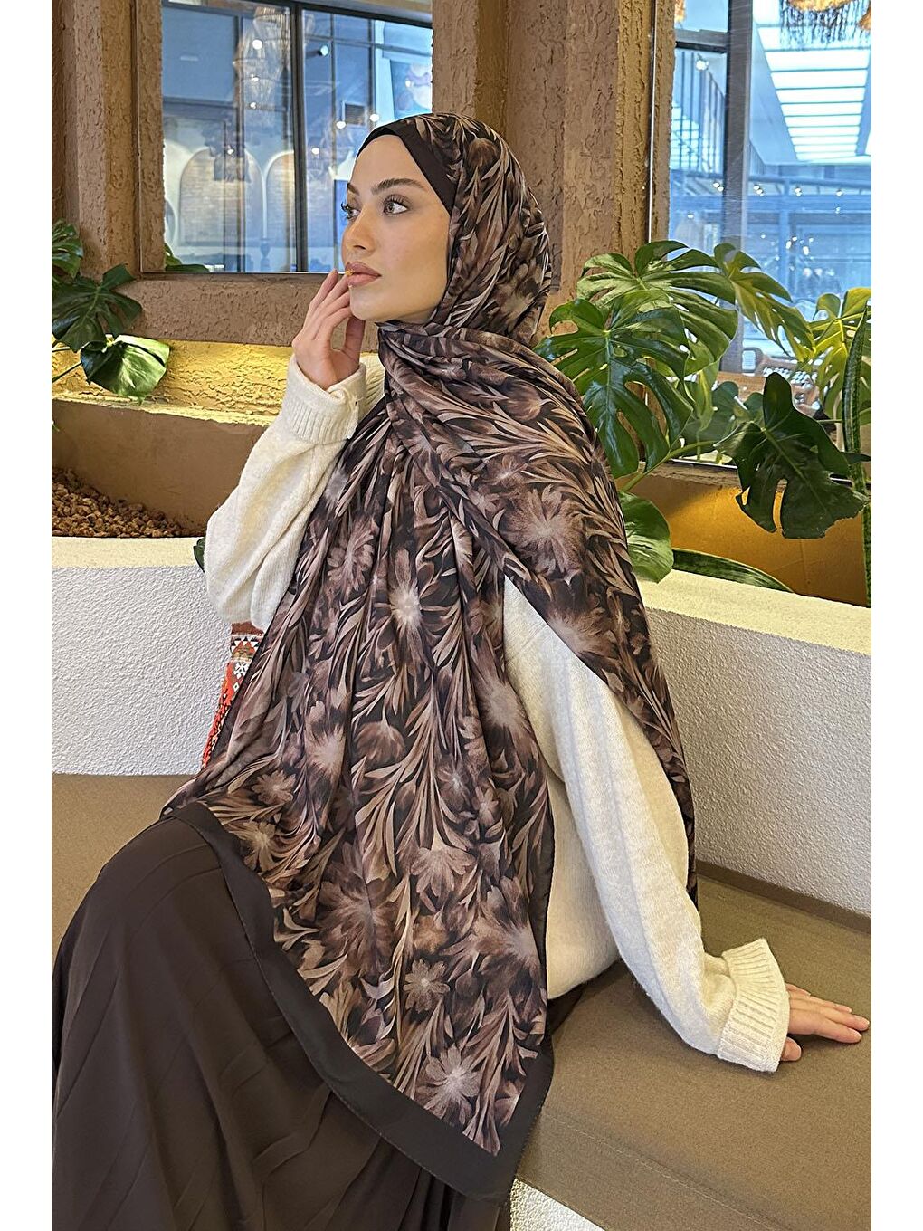 Kahverengi Daisy Flowers Desen Soft Pamuk Şal Sütlü Kahve-3