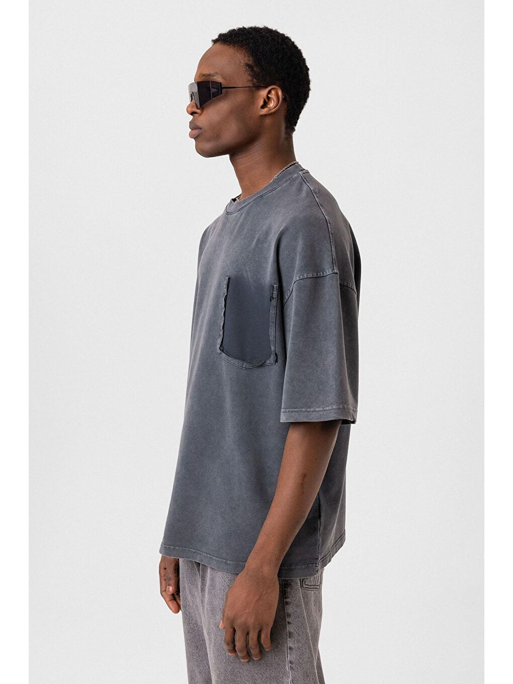 Yıkamalı Cep Detaylı Oversize Tişört Siyah-3