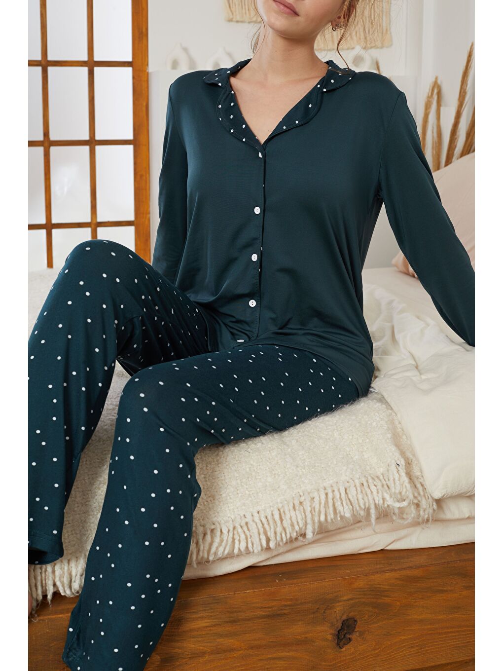 Petrol Puan Desenli Gömlek Yaka Düğmeli Milan Örme Pijama Takım25224003