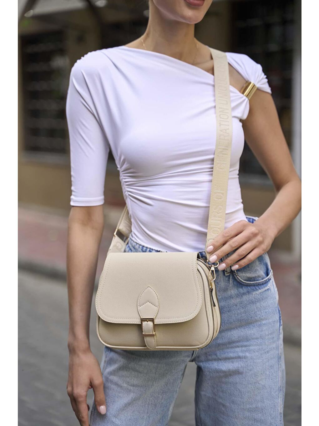 Ekru Trendy Günlük Tokalı El Ve Omuz Çantası Krem-1