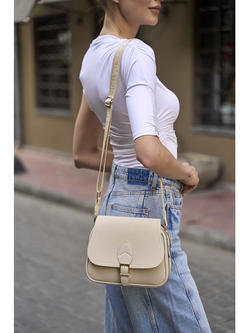 Ekru Trendy Günlük Tokalı El Ve Omuz Çantası Krem-2