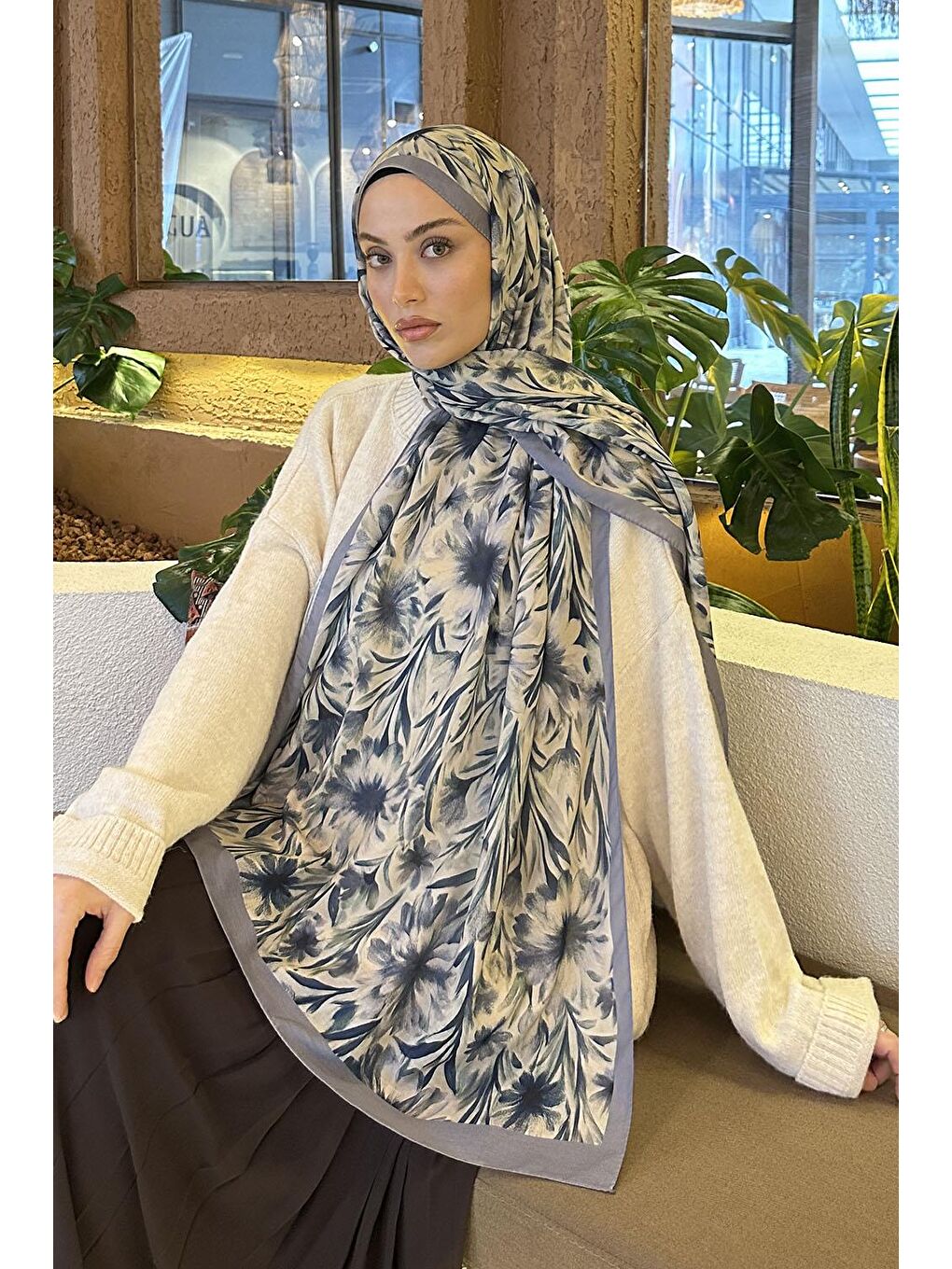 Daisy Flowers Desen Soft Pamuk Şal Gri