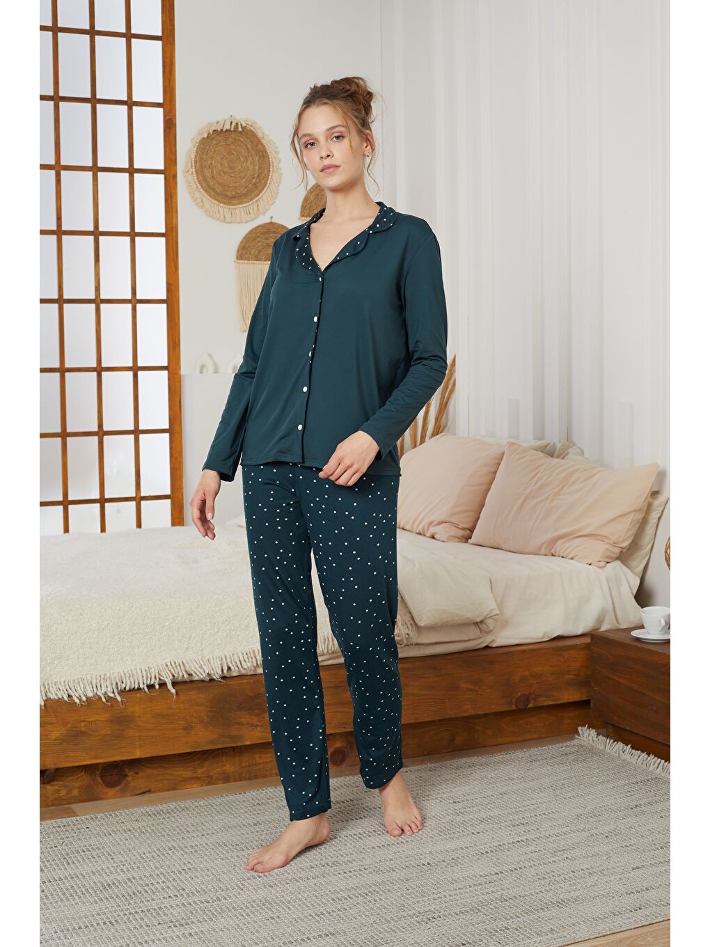 Petrol Puan Desenli Gömlek Yaka Düğmeli Milan Örme Pijama Takım25224003-1