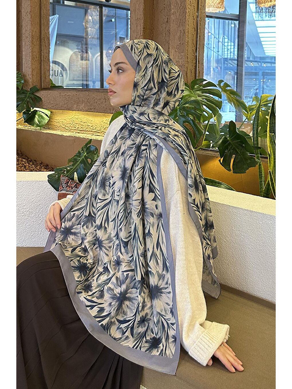 Daisy Flowers Desen Soft Pamuk Şal Gri-2