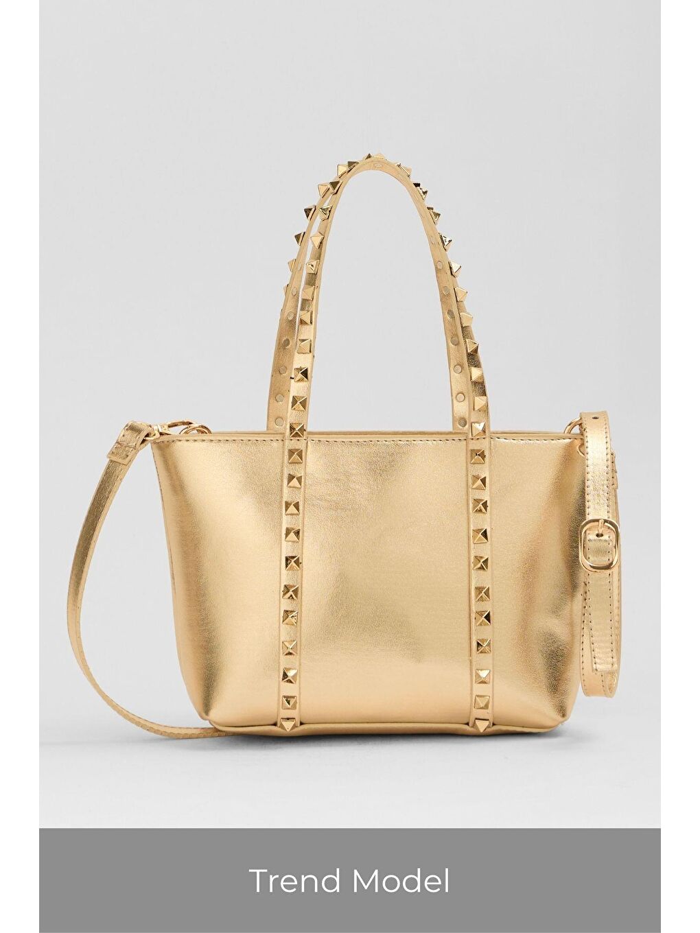 Sarı Altın Kadın Küçük Boy Zımba Detaylı Pu Deri Tokalı El Ve Omuz Çantası-1