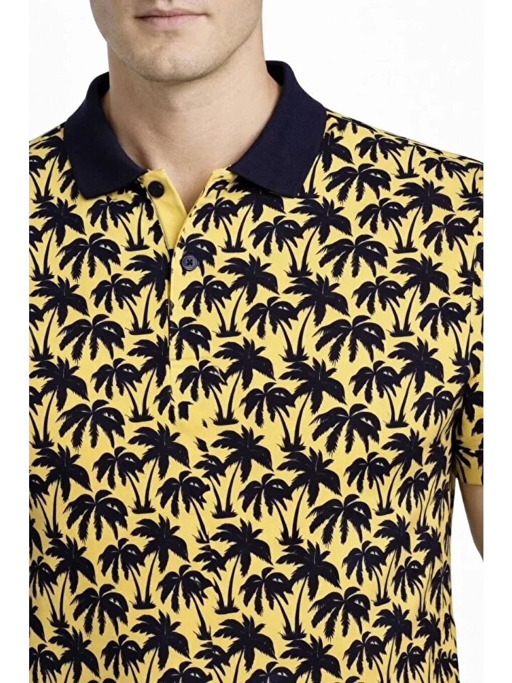 Sarı Erkek Pike Kumaş Polo Yaka Palmiye Desenli Tişört-1