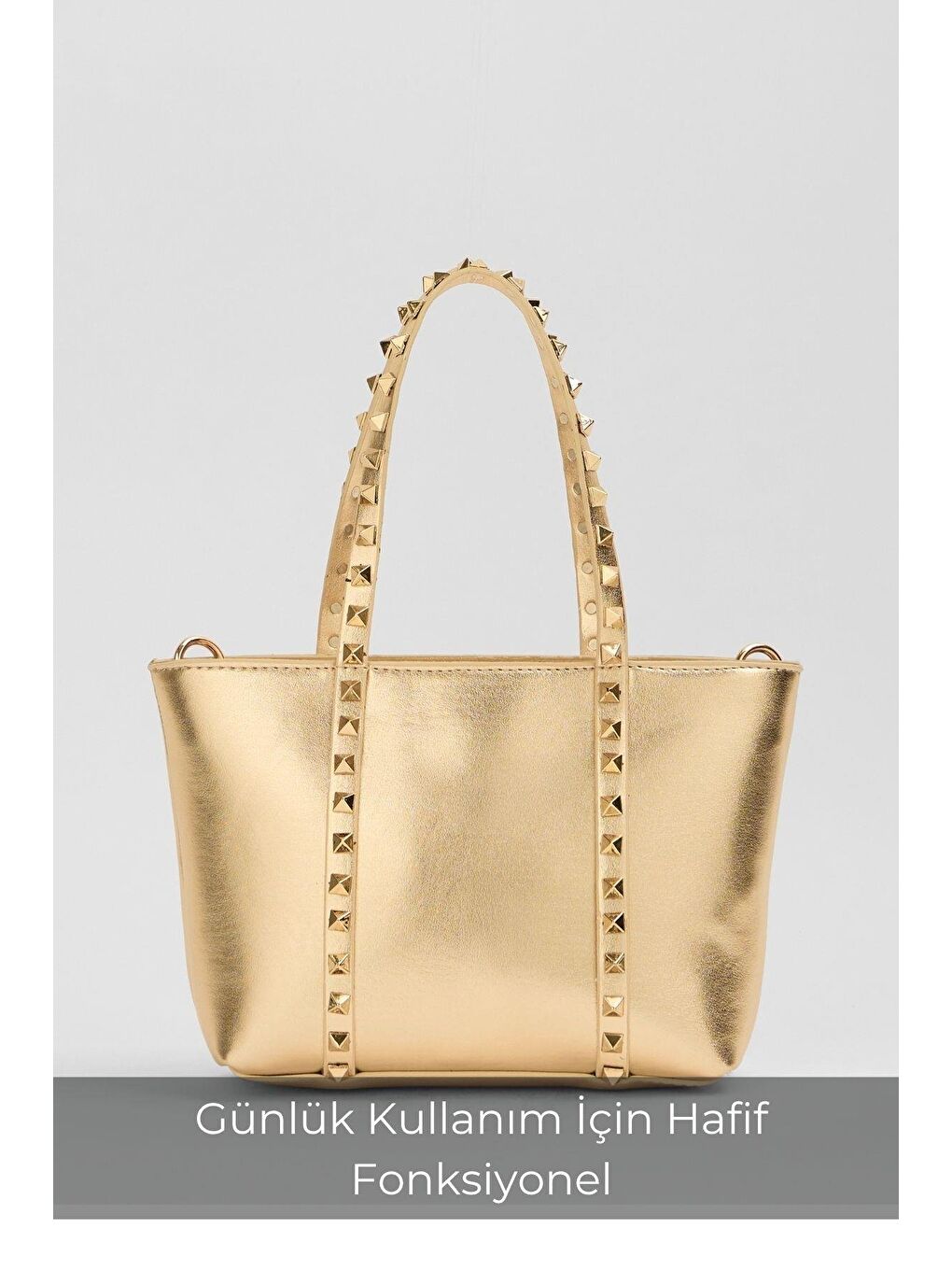 Sarı Altın Kadın Küçük Boy Zımba Detaylı Pu Deri Tokalı El Ve Omuz Çantası-2