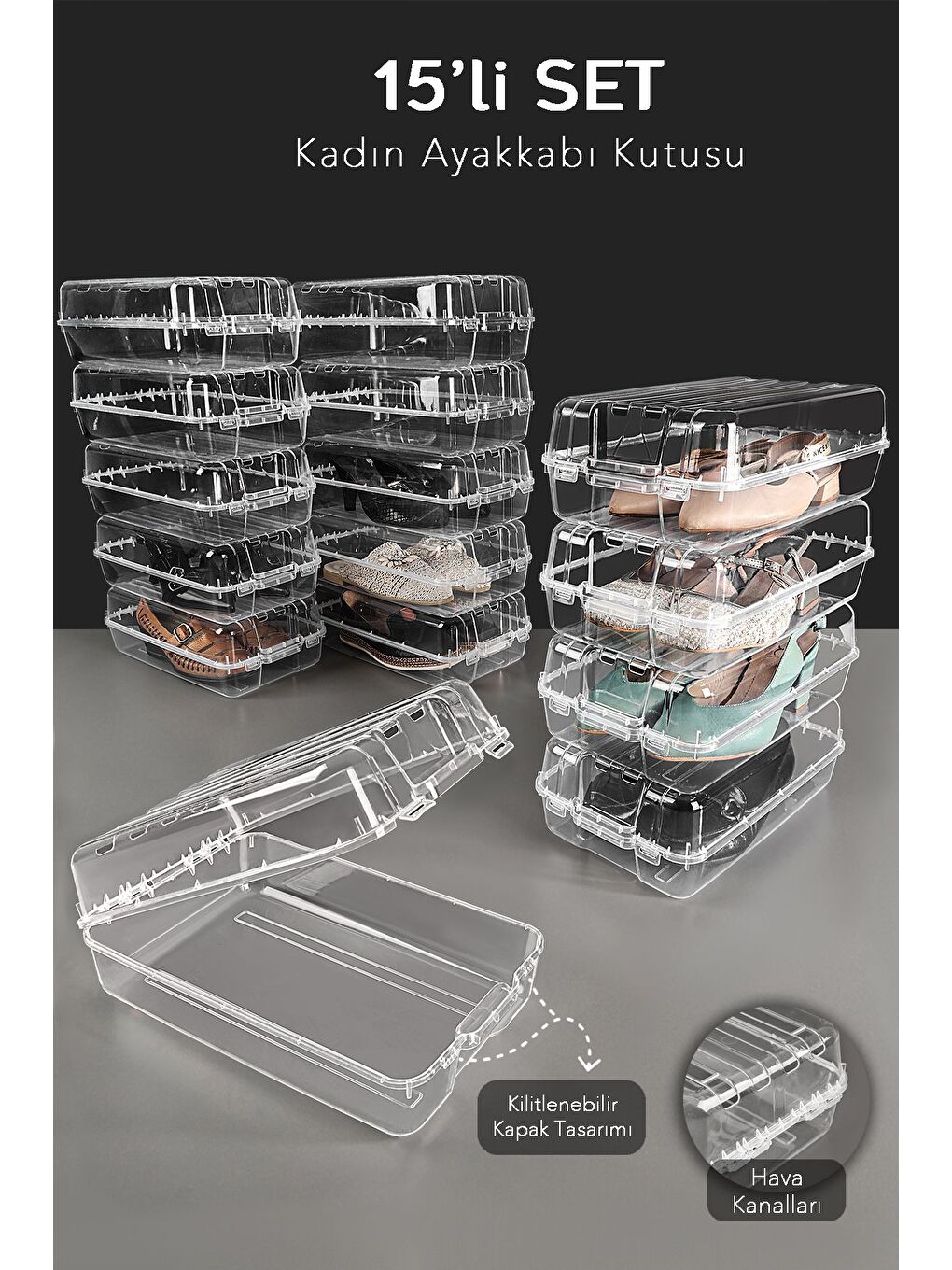 Renksiz 15 Adet Kadın Ayakkabı Kutusu Şeffaf Ayakkabı Düzenleyici Saklama Kutusu Organizer Seyahat Kutusu