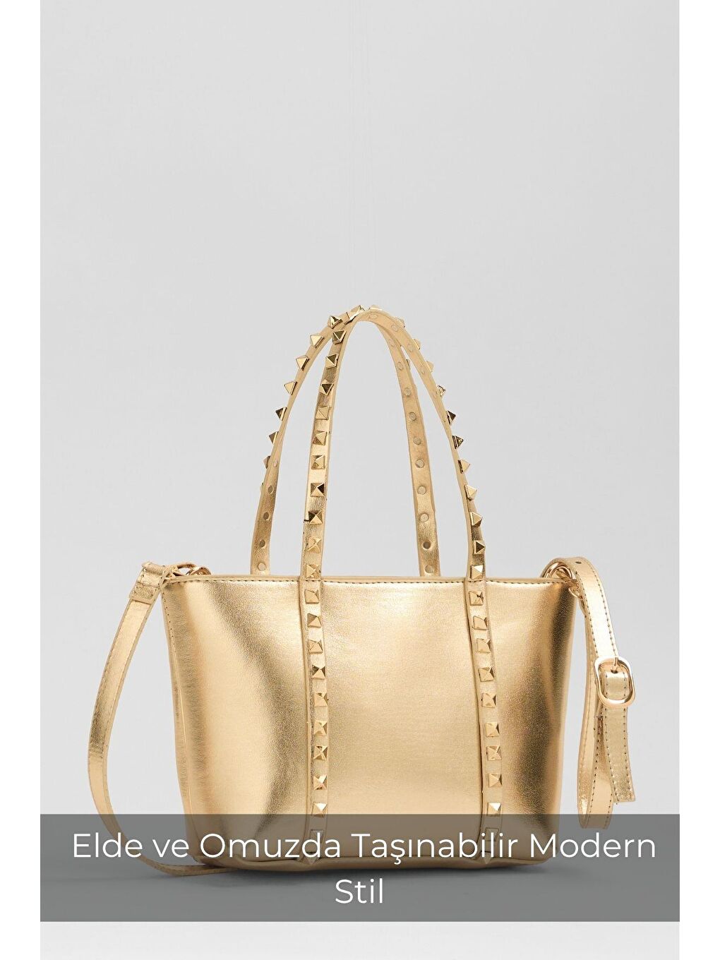 Sarı Altın Kadın Küçük Boy Zımba Detaylı Pu Deri Tokalı El Ve Omuz Çantası-3